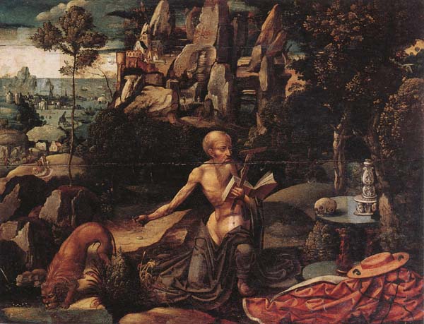 Saint jerome in an extensive rocky landscape